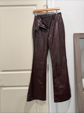 Mango Croc-Embossed Faux Leather Wide-Leg Pants in Deep Brown